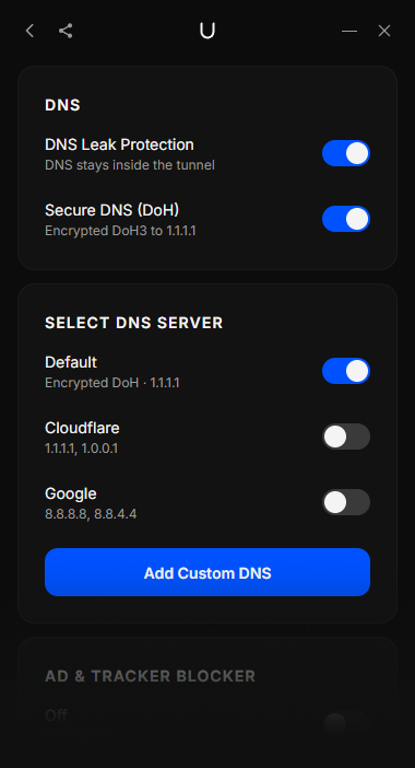 Your DNS never|leaves the tunnel.
